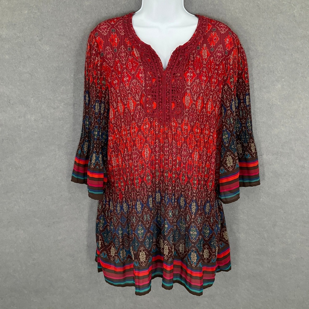 Catherines Top Paisley Print Tunic Crochet‎ V Neck Red Plus Size 0X Bohemian